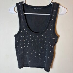 Zara‎ Embellished Tank Top Ribbed Knit Rhinestone Gray Size Medium